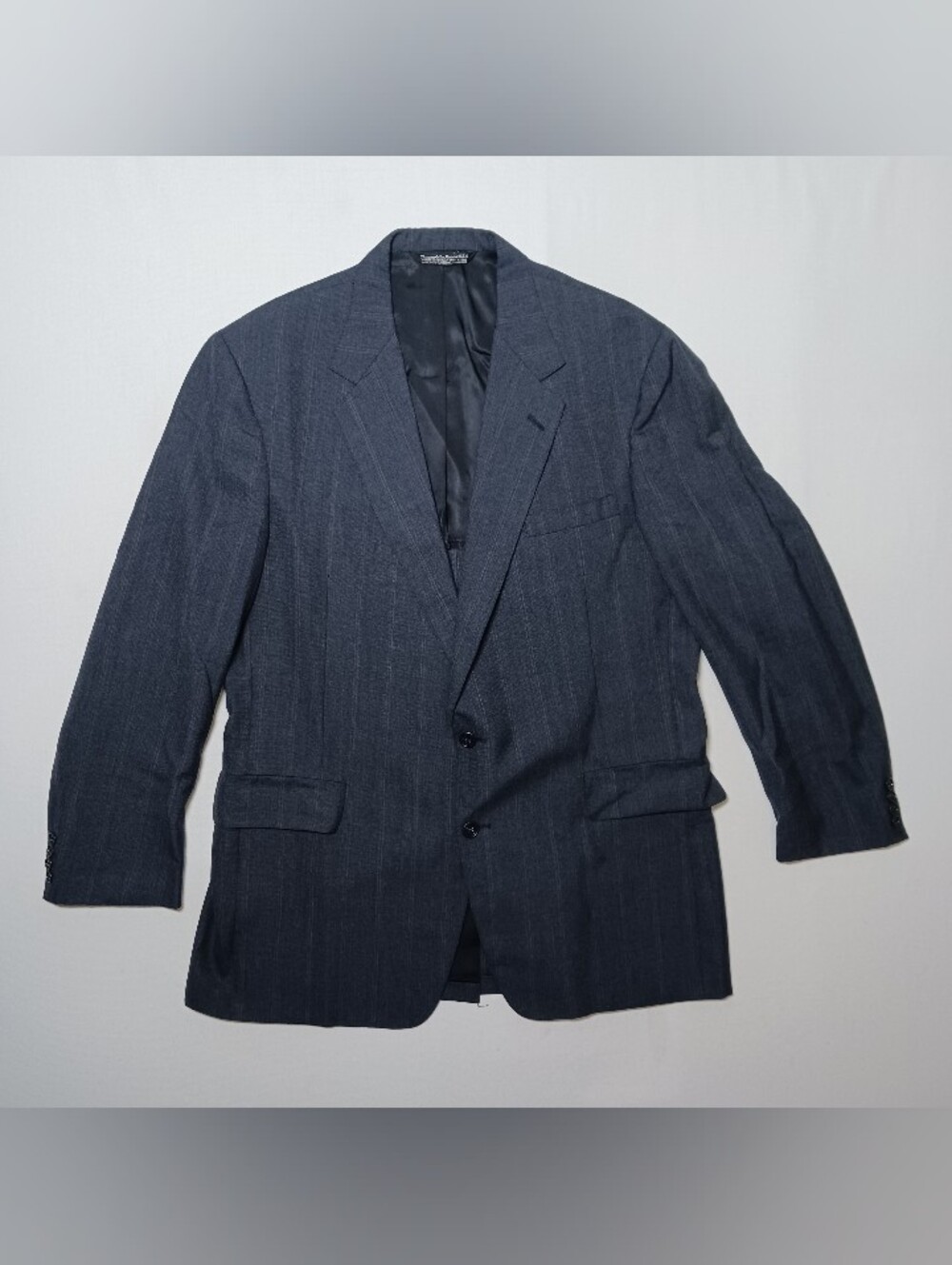 Vintage 80s Christian Brooks Mens Wool Sport Coat 44R Blue Gray PinStripe USA